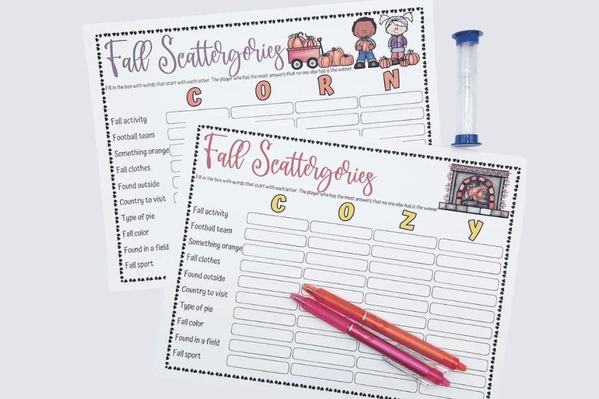 Printable scattergories game with a fall theme.