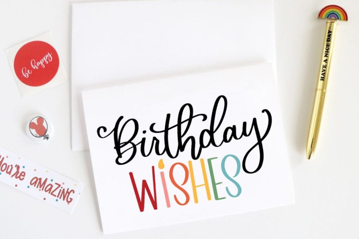 Card and envelope with the design 'Birthday Wishes'.