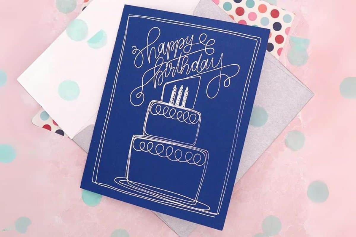 Blue birthday card with silver foil 'happy birthday'.