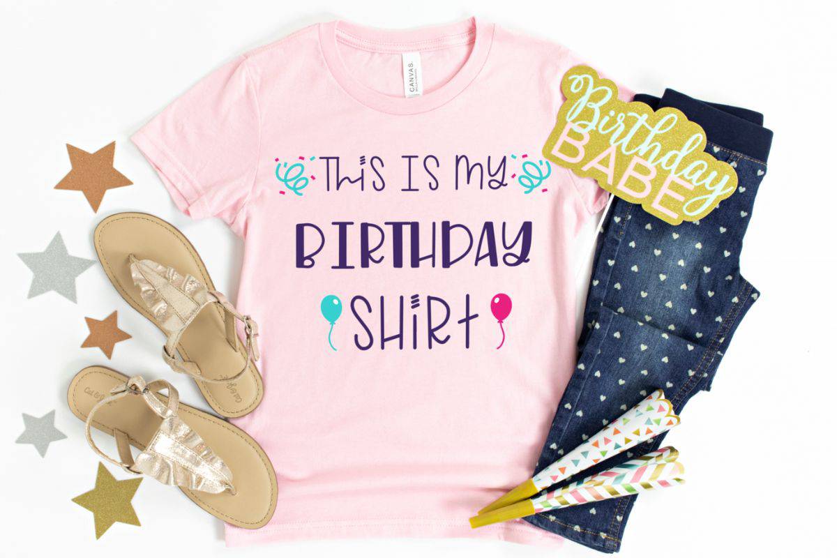 Pink t-shirt with the design "this is my birthday shirt".