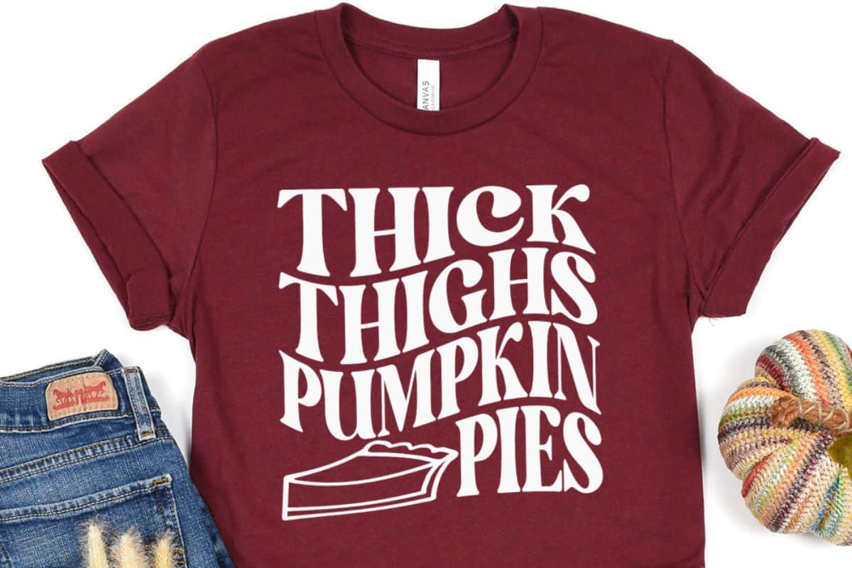 Red t-shirt with the design thick thighs and pumpkin pies.