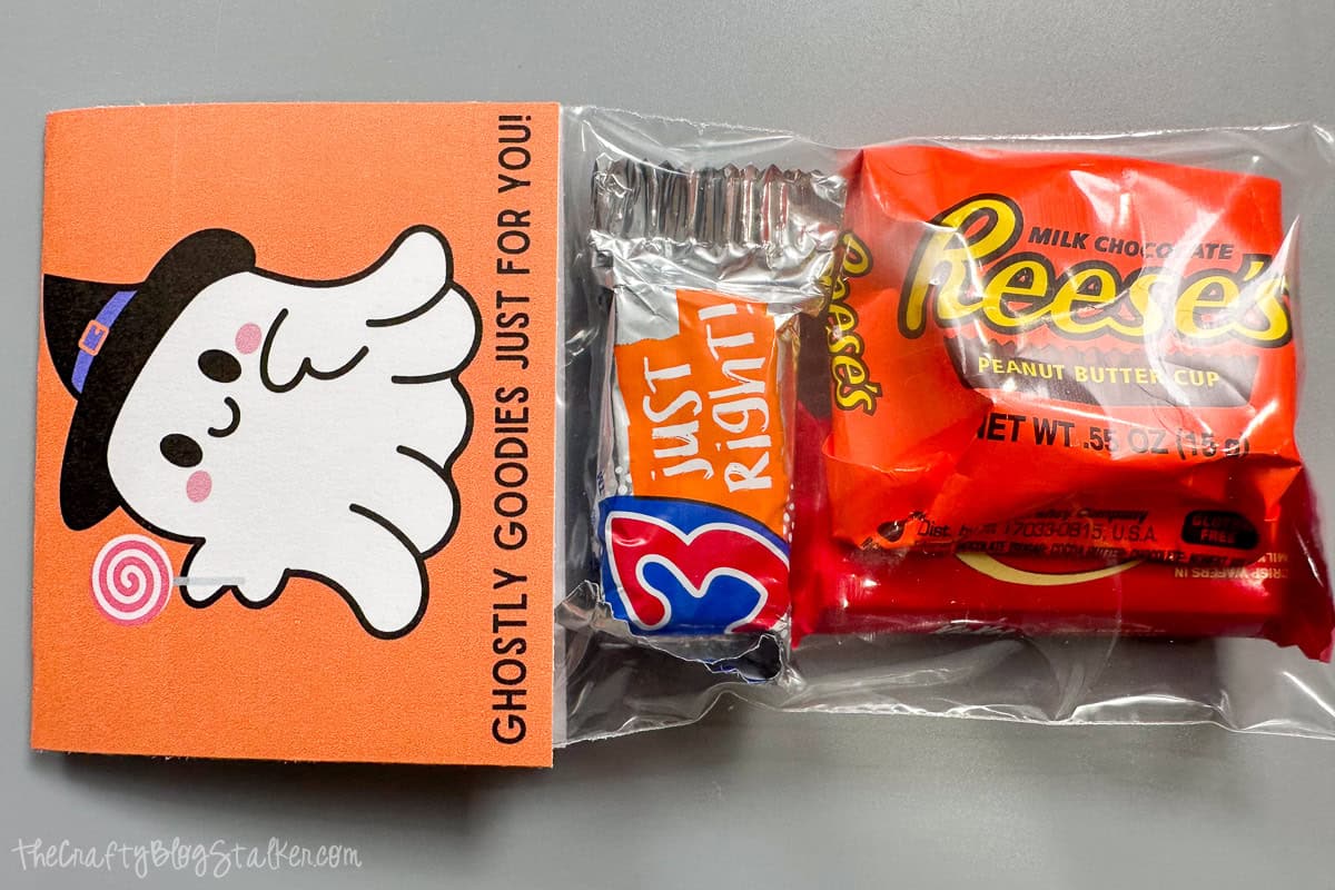 Printable tag adhered to the bag of candy.