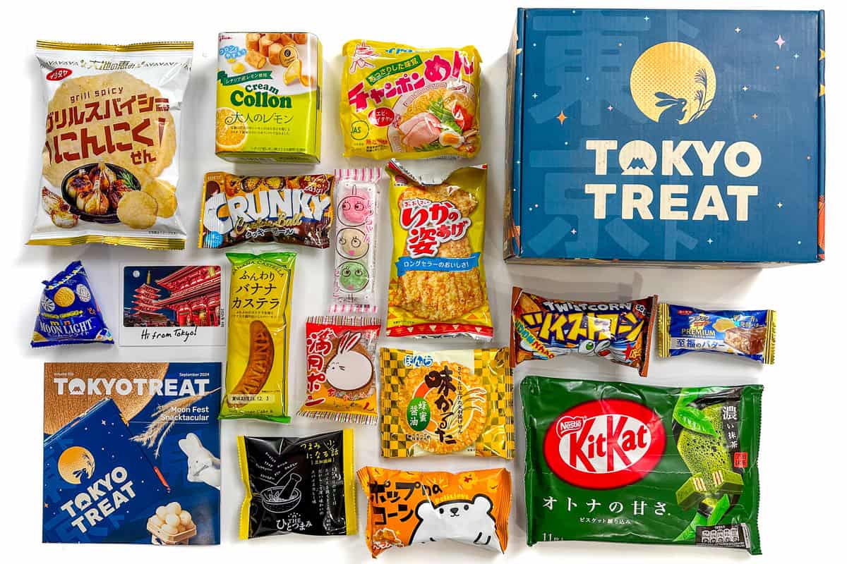 The contents of the Tokyo Treats Subscription Box laid out.