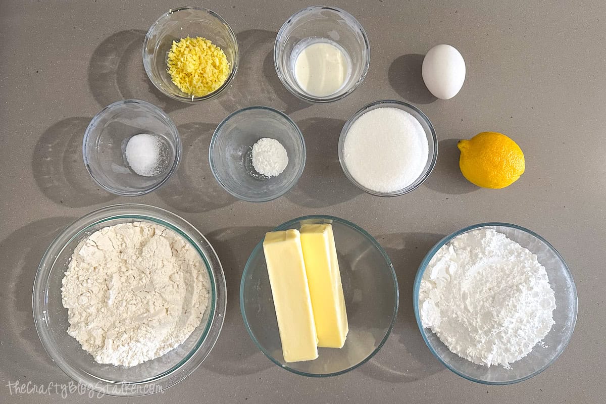 Ingredients in bowls to make soft lemon cookies.