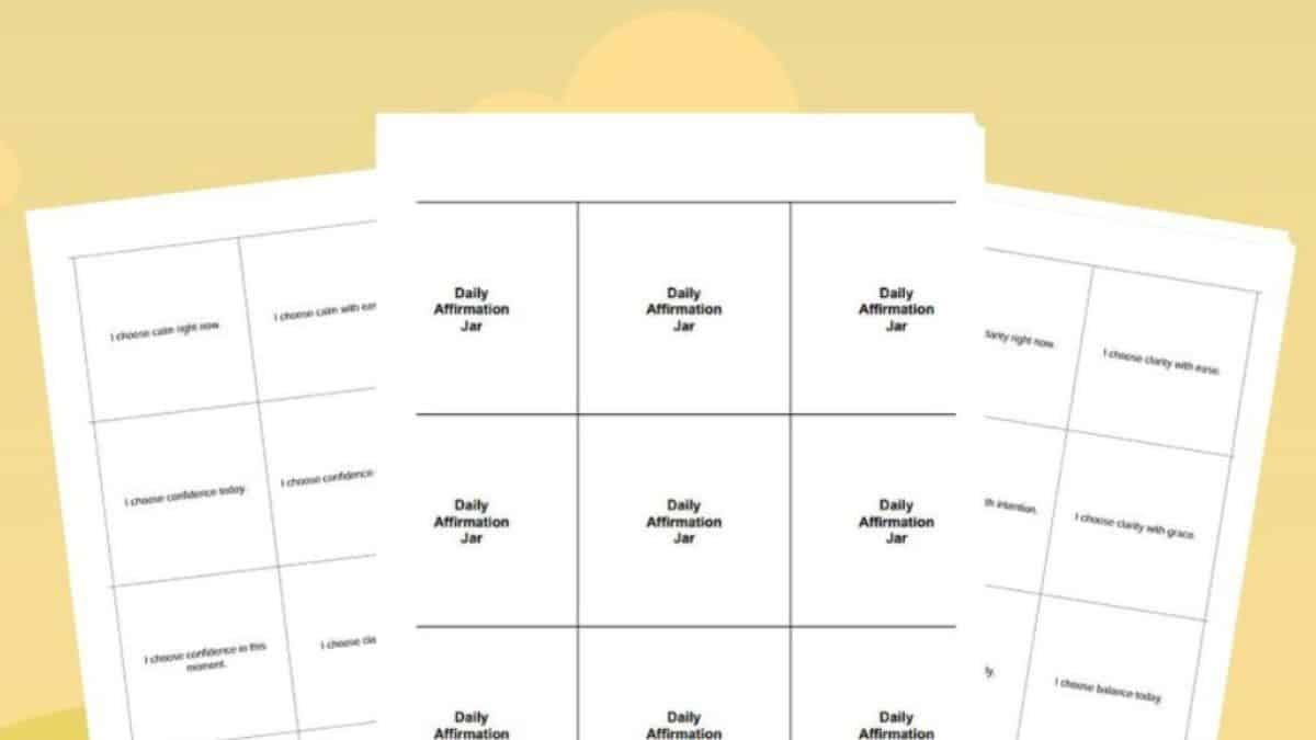 Printable daily affirmation jar sheets laid out in a grid, featuring short positive affirmations designed to cut out and use throughout the year.