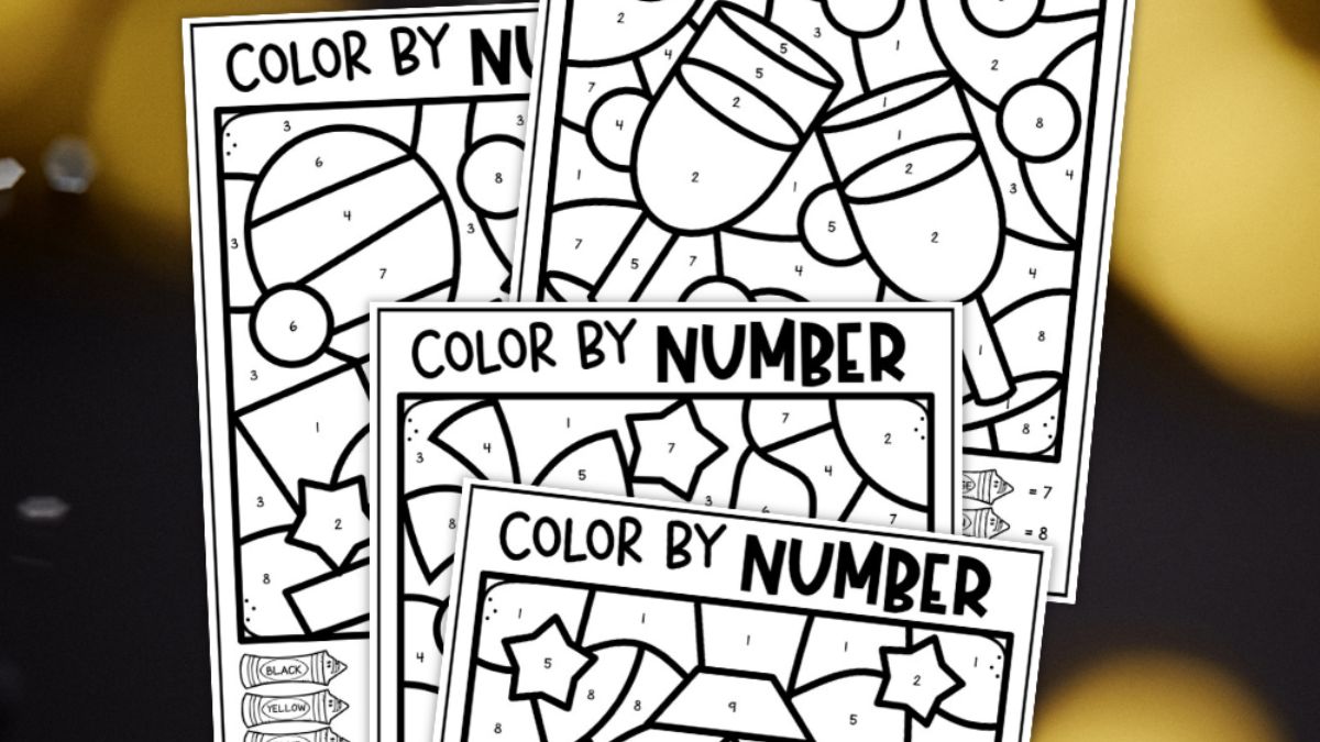 Stack of free printable New Year’s color by number pages featuring festive shapes and numbered sections for kids’ activity sheets.