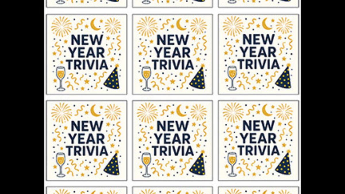 Printable New Year trivia game cards arranged in a grid, featuring festive icons like fireworks, party hats, and champagne glasses for a holiday party activity