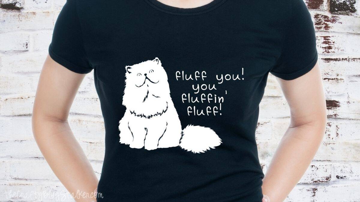 Person wearing a T-shirt with a fluffy cat graphic and text reading 