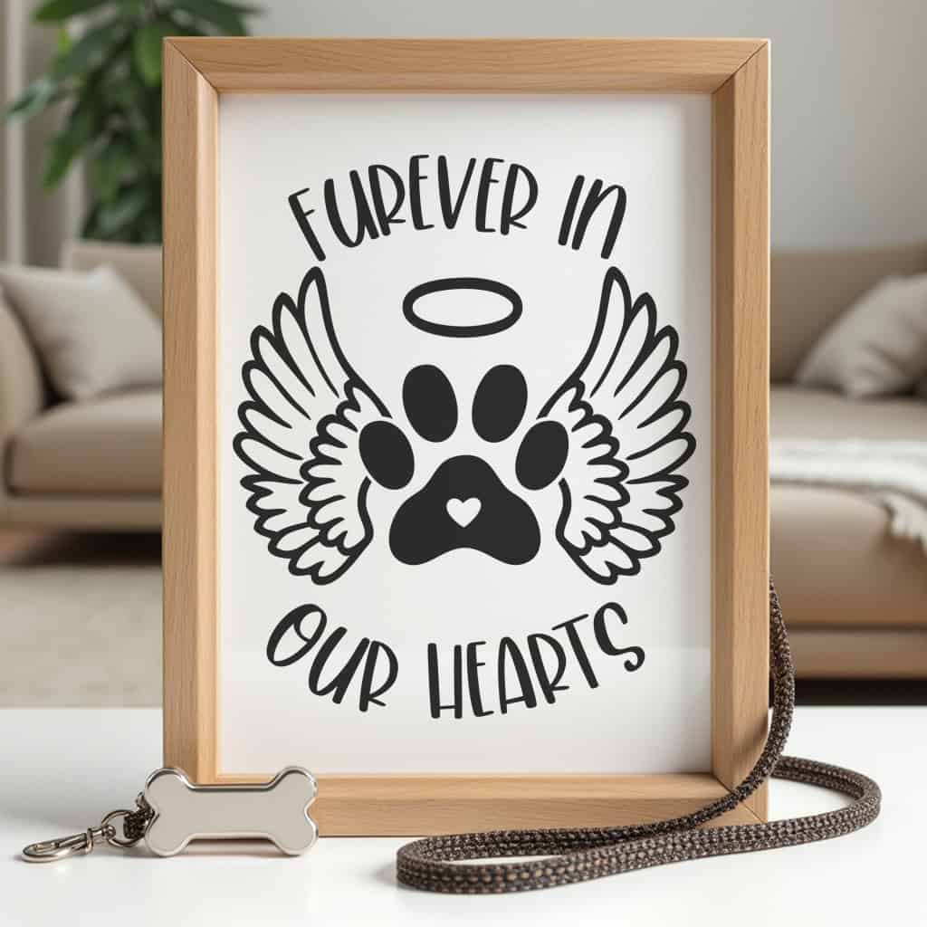 A framed pet memorial print with "Furever in Our Hearts" text, featuring a paw print with wings and a halo, placed on a table next to a dog bone-shaped keychain and leash.