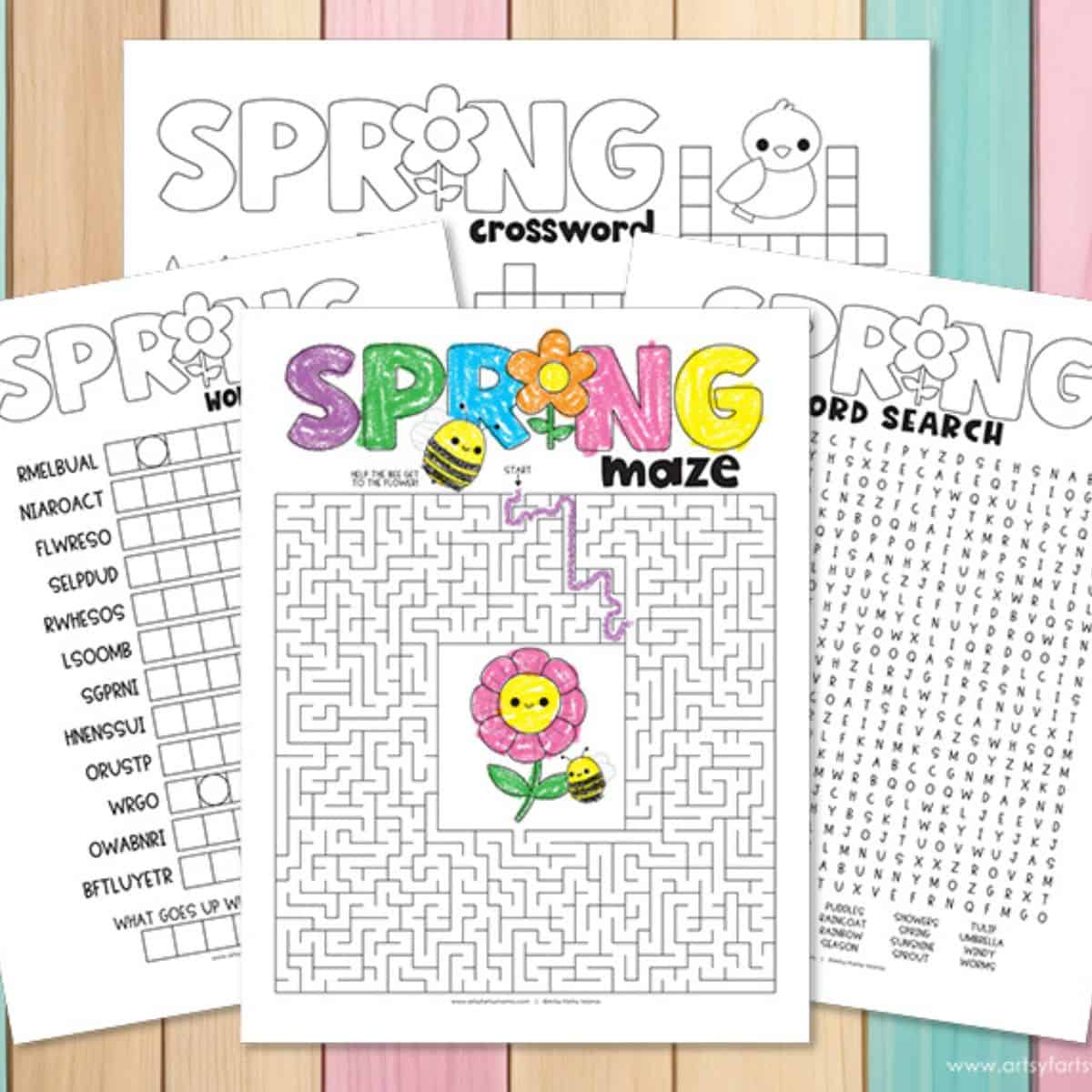 A colorful set of spring-themed activity pages for kids, including a maze, crossword, word search, and word scramble, all decorated with flowers and cheerful bees.