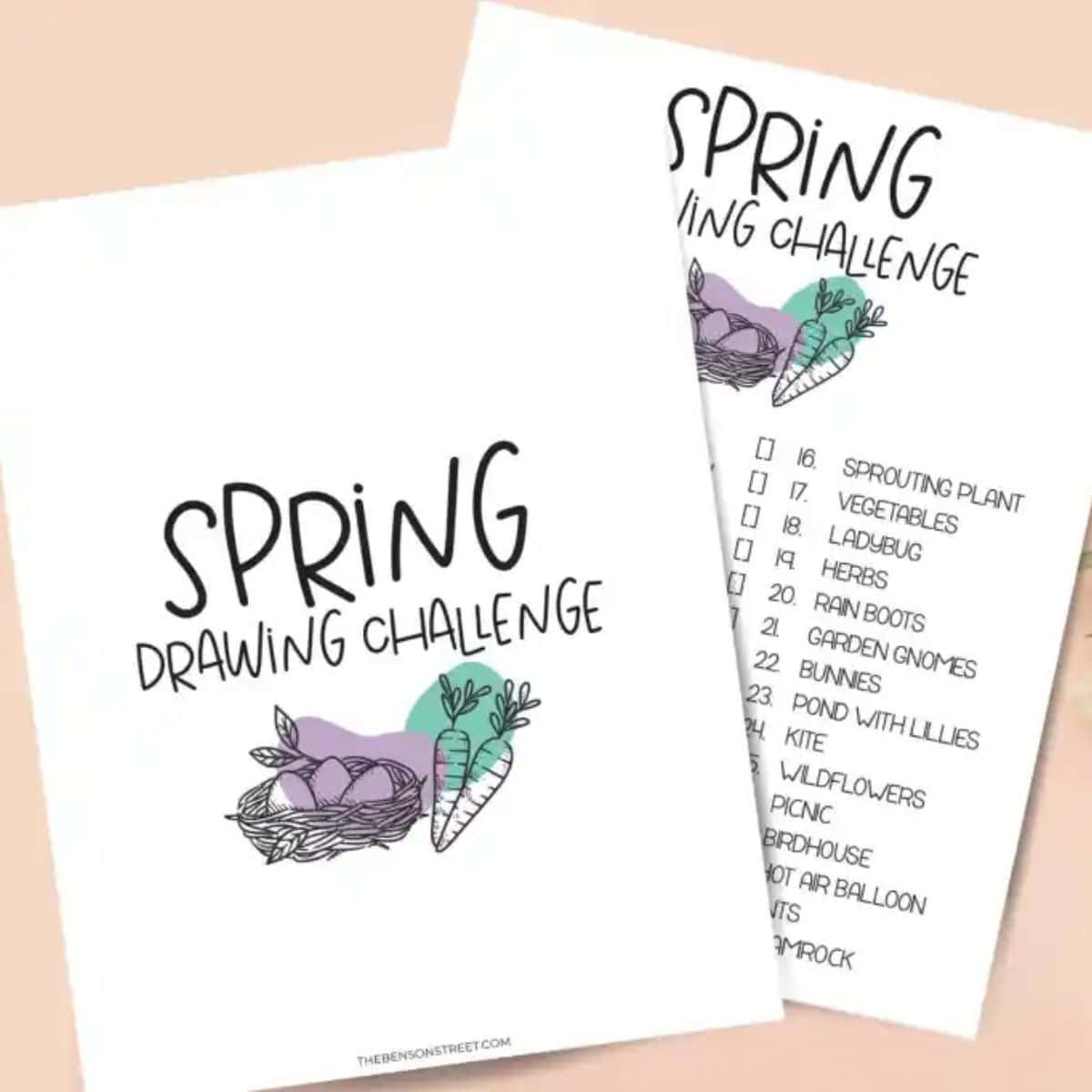 Spring Drawing Challenge printable featuring a checklist of fun seasonal drawing prompts with illustrations of carrots and a nest filled with eggs.