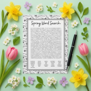 Spring-themed word search printable surrounded by colorful flowers, green leaves, and a pen on a pastel background, perfect for a fun seasonal activity.