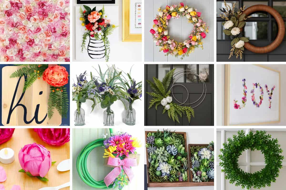 Collage of colorful DIY projects using artificial flowers, including wreaths, wall art, floral signs, vases, and creative spring-themed home decor ideas.