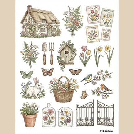 Collection of garden-themed clipart including a cottage, flowers, tools, birdhouse, butterflies, birds, rabbit, potted plants, basket, seed packets, and gate.