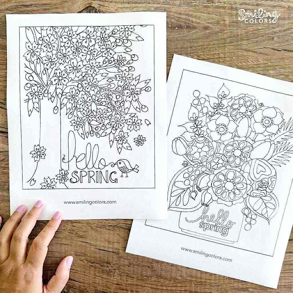 Two printable spring coloring pages featuring a tree with flowers and a floral arrangement with 