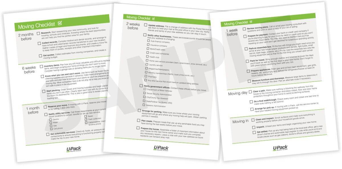 Three-page moving checklist by U-Pack with tasks organized by timeline: 2 months before, 2 weeks before, and moving day, shown with checkboxes and tips.