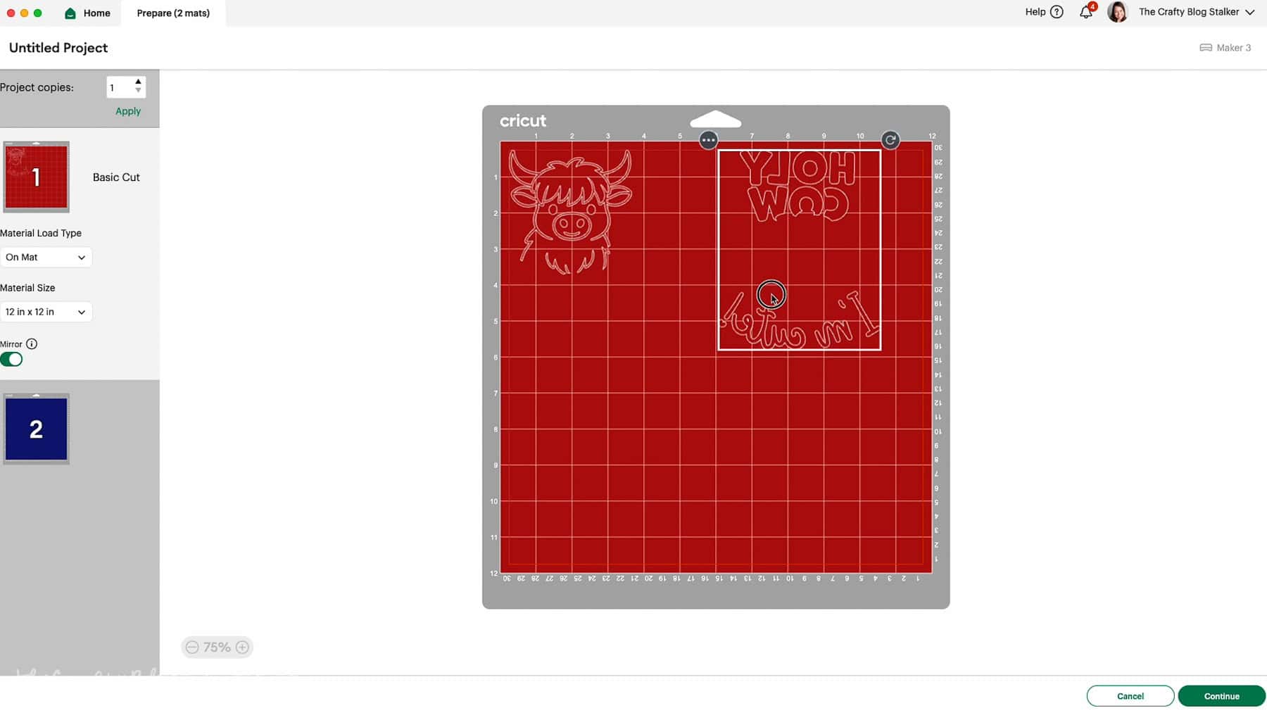 Cricut Design Space showing two red vinyl cut designs arranged on the same mat, optimizing space for a layered “Holy Cow I’m Cute!” baby onesie project.
