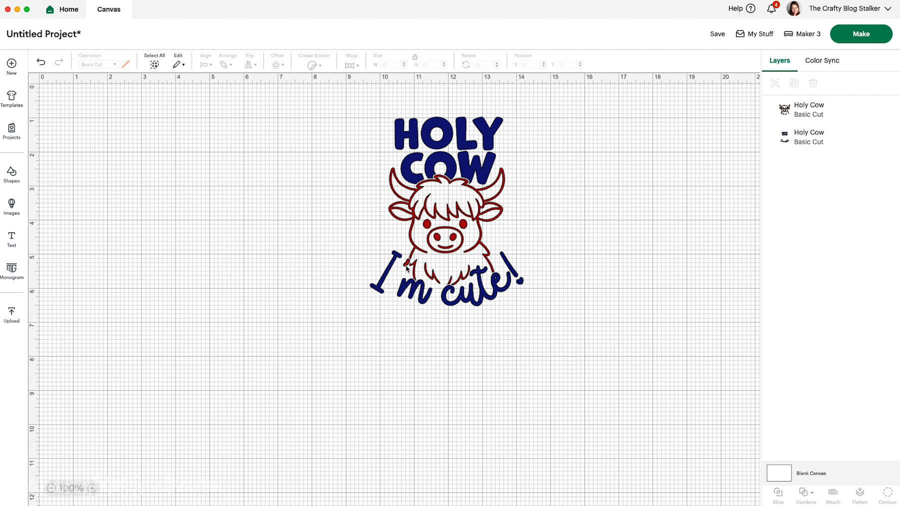 Cricut Design Space screenshot showing a layered “Holy Cow I’m Cute!” SVG design in red and navy, set up for two-color vinyl cutting.