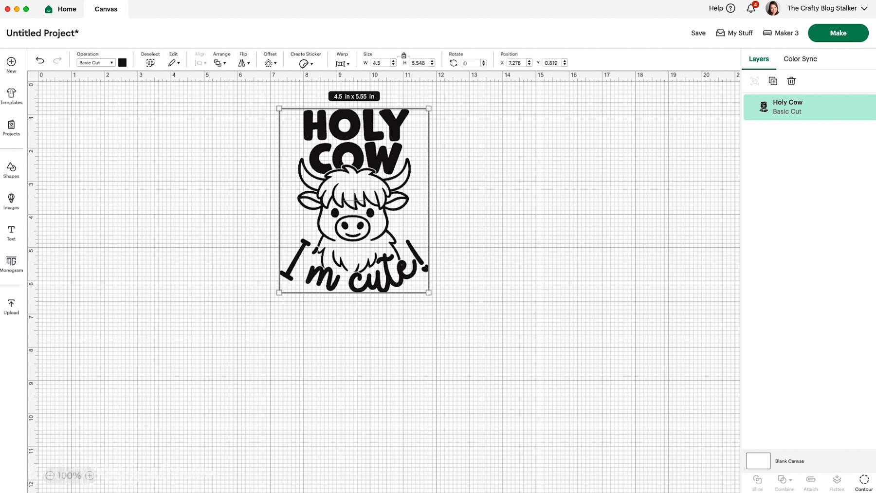 Cricut Design Space screenshot showing a “Holy Cow I’m Cute!” SVG design on the canvas, sized to 4.5 x 5.55 inches for cutting.