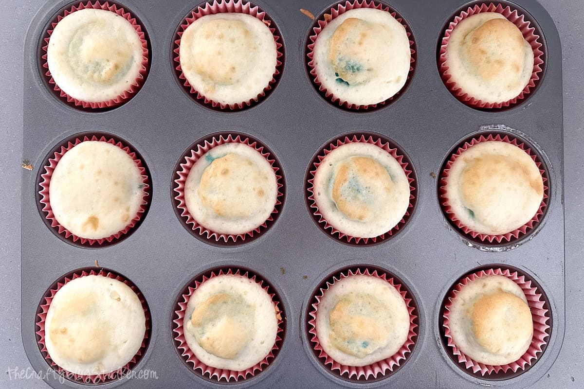 Freshly baked white cupcakes with light golden tops in red liners, still in the muffin tin and showing hints of blue cake inside for a gender reveal.