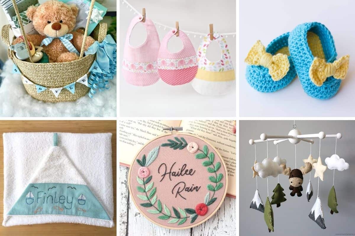 Collage of handmade baby shower gifts including a gift basket, bibs, crocheted booties, personalized towel, name embroidery, and woodland-themed mobile.