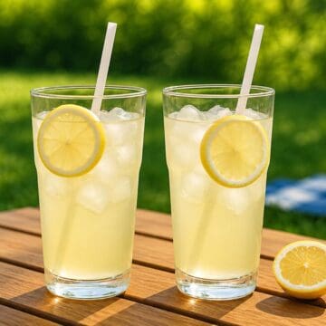 Two tall glasses of iced lemonade with lemon slices and straws sit on a wooden table outdoors, next to a halved lemon.