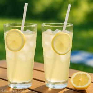 Two tall glasses of iced lemonade with lemon slices and straws sit on a wooden table outdoors, next to a halved lemon.