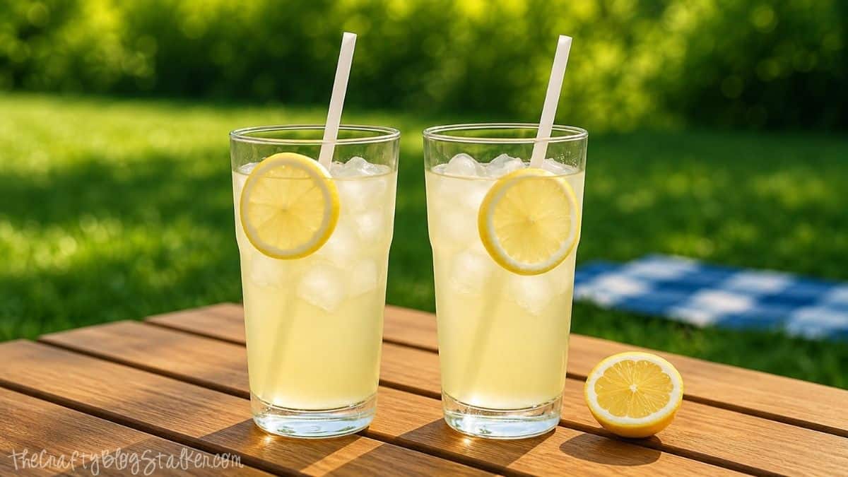 Two tall glasses of iced lemonade with lemon slices and straws, sitting on a wooden table with a halved lemon, outdoors on a sunny day.
