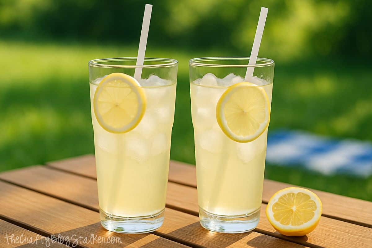 Two tall glasses of iced lemonade with lemon slices and straws, sitting on a wooden table with a halved lemon, outdoors on a sunny day.