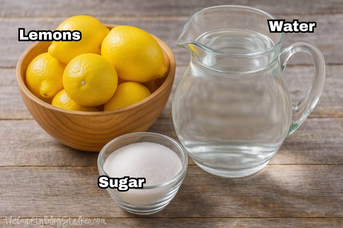 A wooden bowl of lemons, a glass pitcher of water, and a small bowl of sugar labeled as ingredients for making lemonade, displayed on a wooden surface.