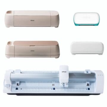Five different Cricut cutting machines, including Maker, Explore, Joy, and Venture models, displayed on a white background for comparison.