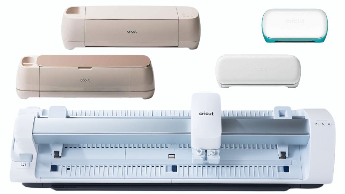 Five different Cricut cutting machines, including Maker, Explore, Joy, and Venture models, displayed on a white background for comparison.