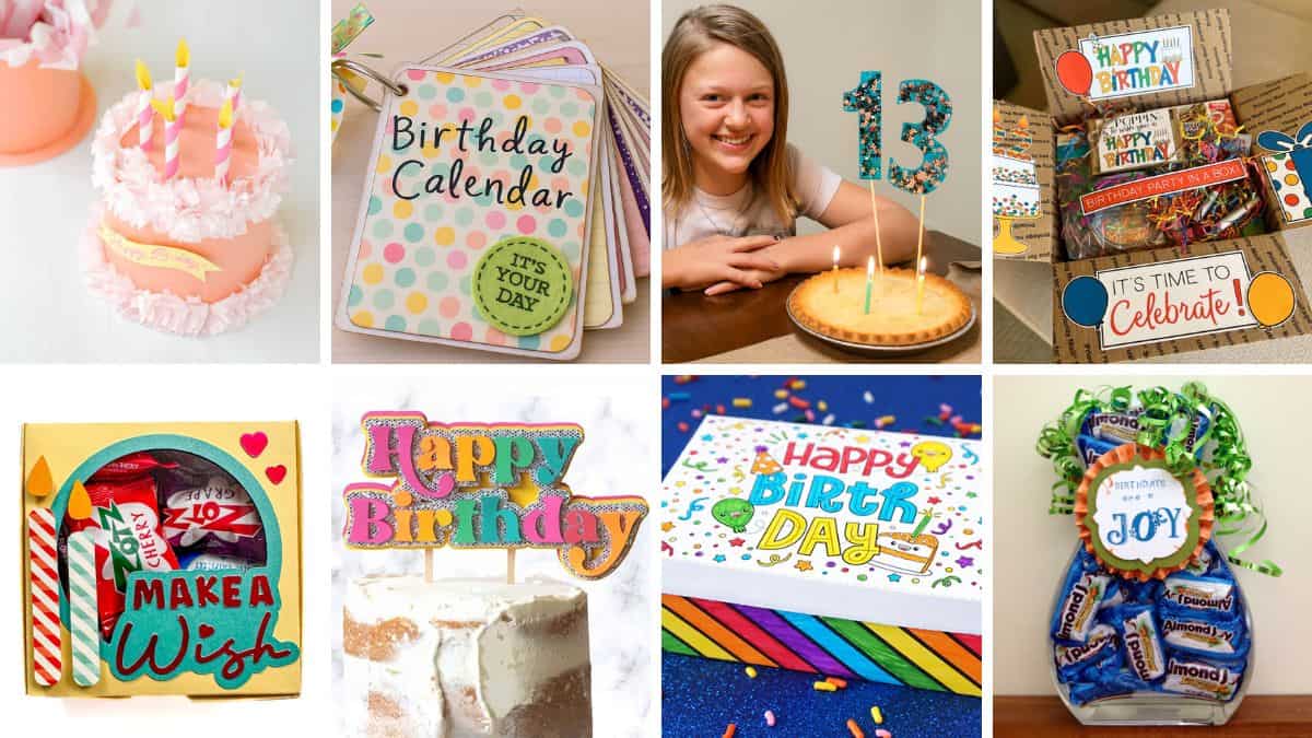 Collage of colorful DIY birthday craft ideas including gift boxes, cake toppers, calendars, party-in-a-box, and candy gifts.