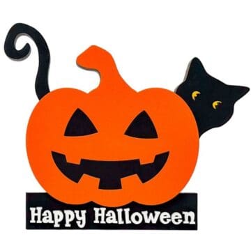 A Halloween sign featuring a smiling orange jack-o'-lantern with a curled black tail, a black cat peeking out, and the words "Happy Halloween" at the bottom.