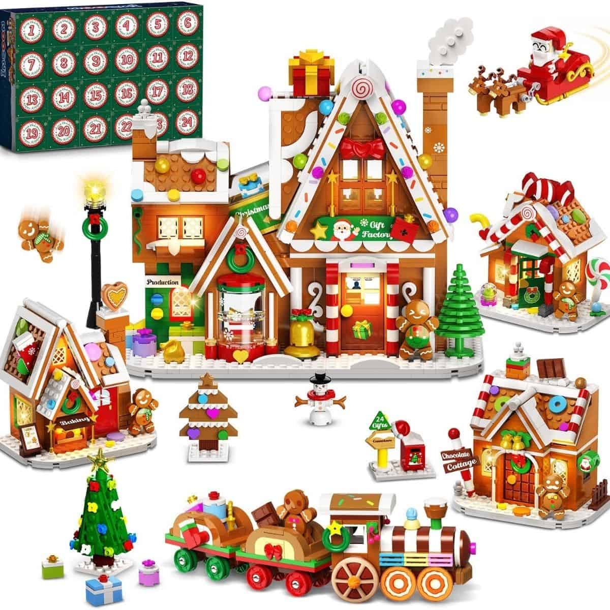 Colorful Christmas advent calendar with toy houses and festive decorations.