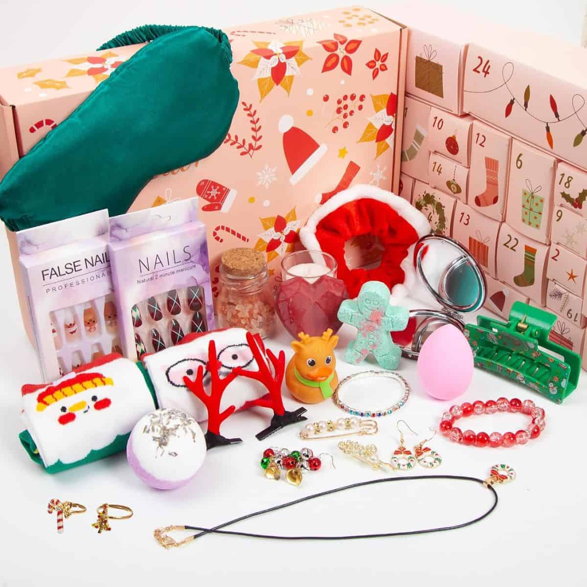 Women's Christmas advent calendar with 24 beauty and holiday gifts including jewelry, false nails, bath bombs, socks, scrunchies, and festive accessories.