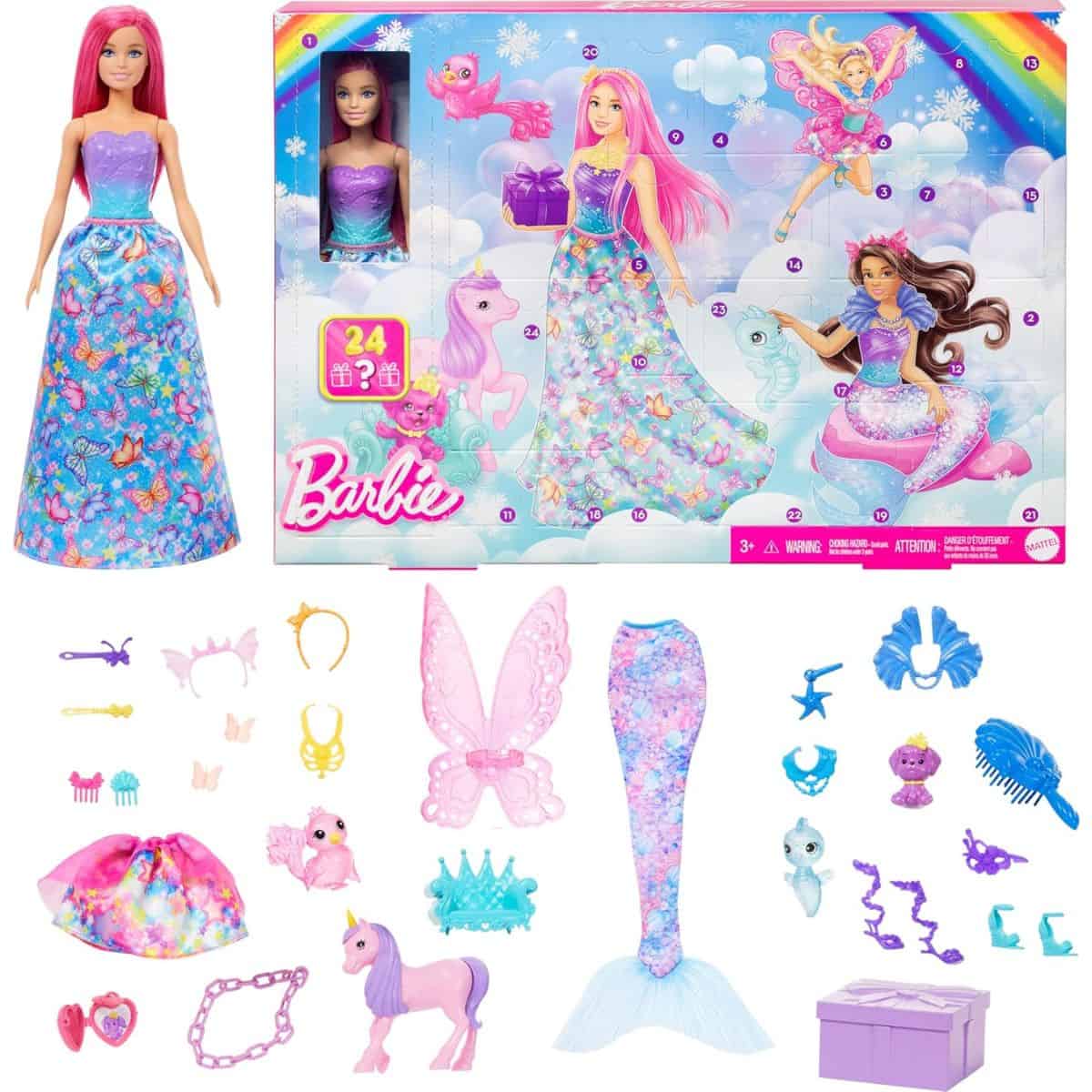 Barbie Advent Calendar with 24 surprises including a Barbie doll, fashion accessories, mermaid tail, wings, pets, jewelry, and playful fantasy-themed items.