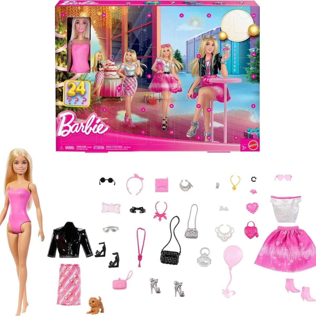 Barbie doll with accessories and four Barbie dolls in a festive setting.