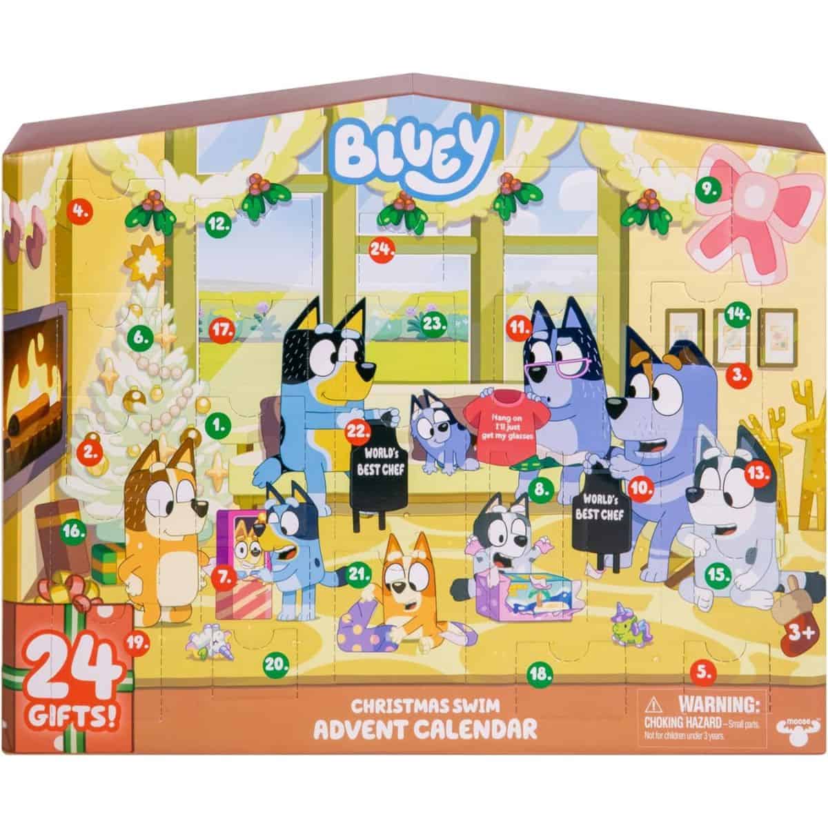 Bluey Christmas Swim Advent Calendar with 24 gifts, featuring Bluey and family characters in a festive living room scene with Christmas tree and fireplace.