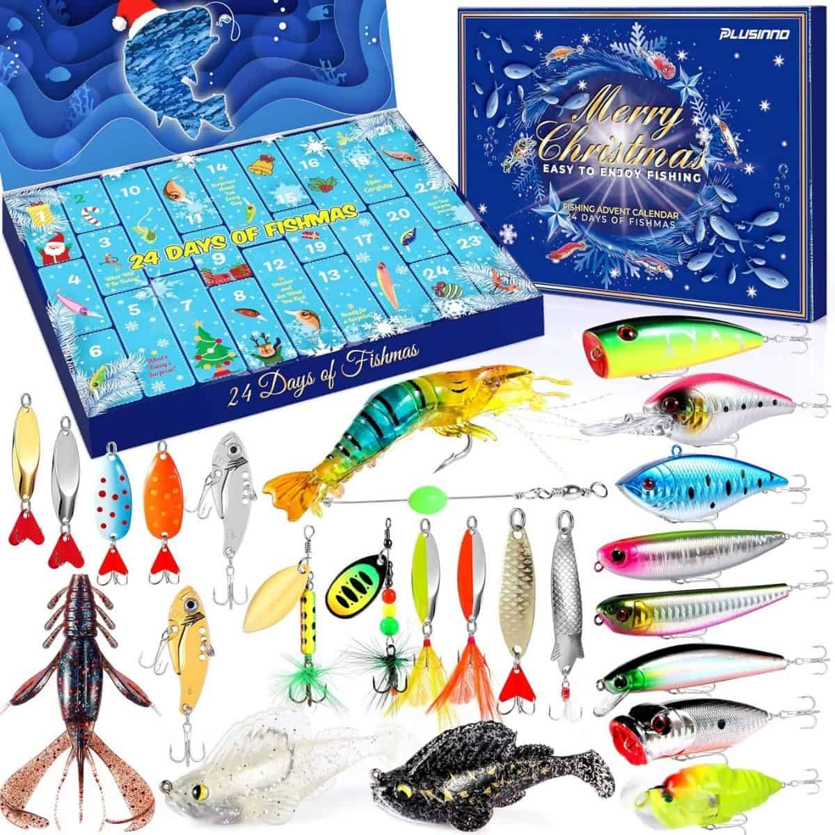 Fishing-themed Christmas advent calendar with fishing lures and accessories.