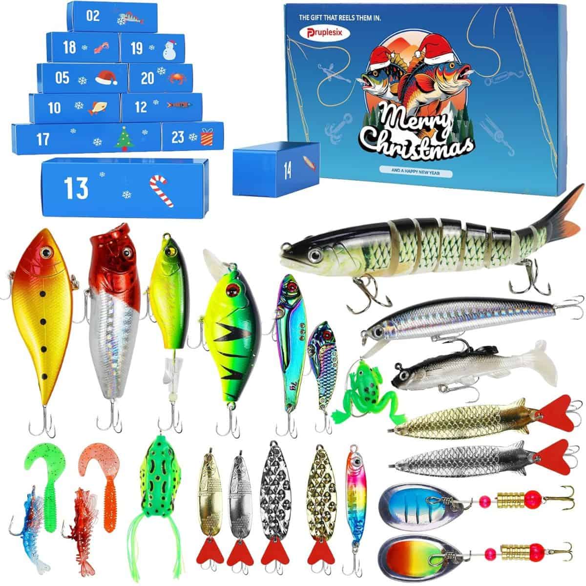 Fishing lure advent calendar with blue numbered boxes and a variety of colorful fishing lures, including crankbaits, frogs, spinners, and soft baits.