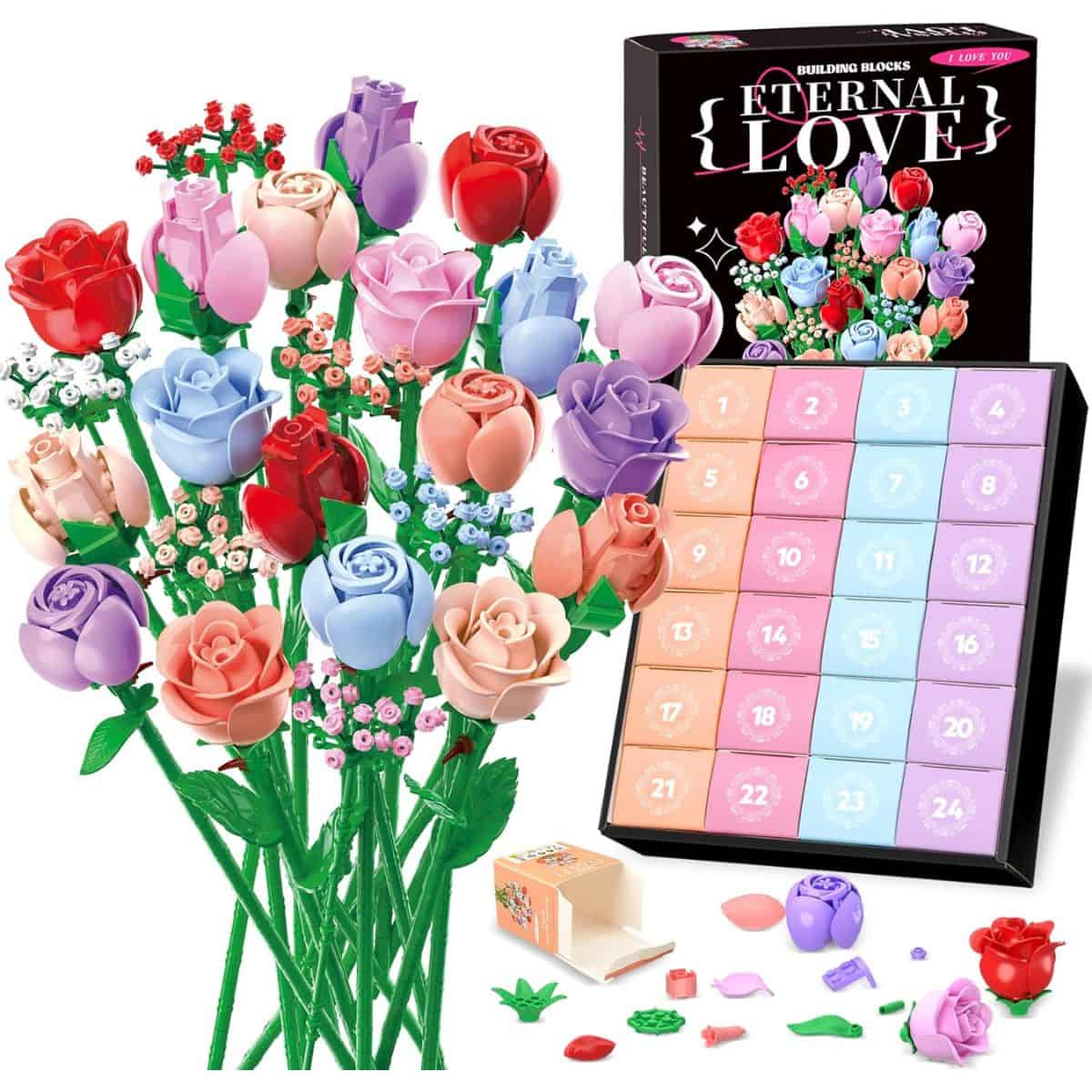 Building block flower Advent Calendar with 24 days of pieces to assemble a colorful bouquet of roses and blooms in red, pink, purple, and blue.