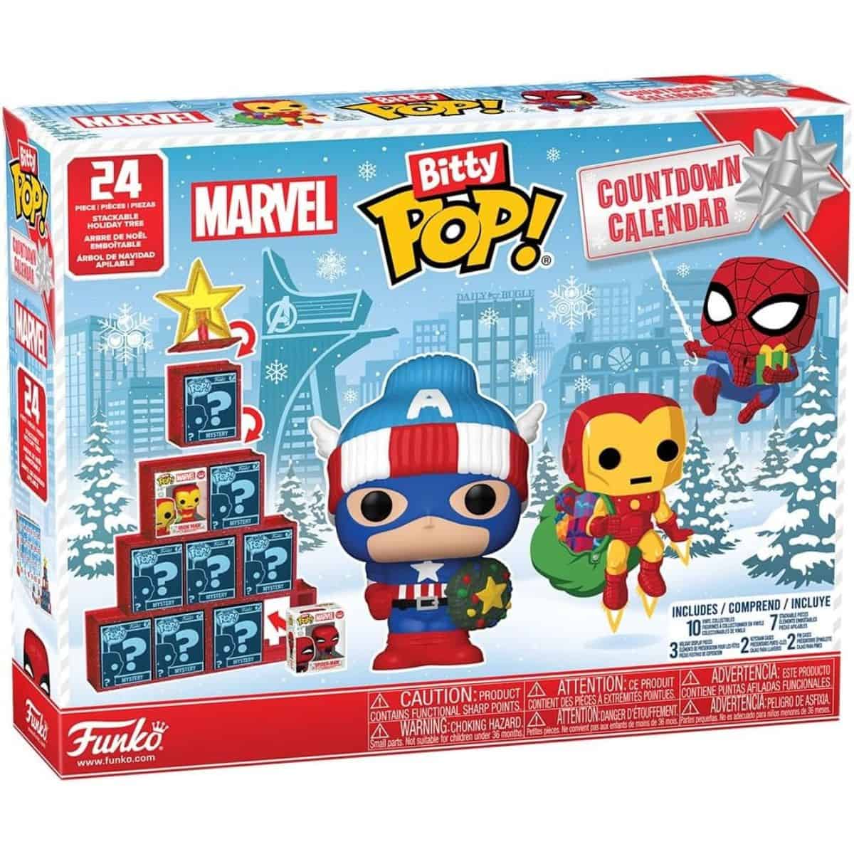 Marvel Bitty Pop! Advent Calendar with 24 collectible mini Funko figures, featuring holiday-themed Captain America, Iron Man, Spider-Man, and mystery boxes.