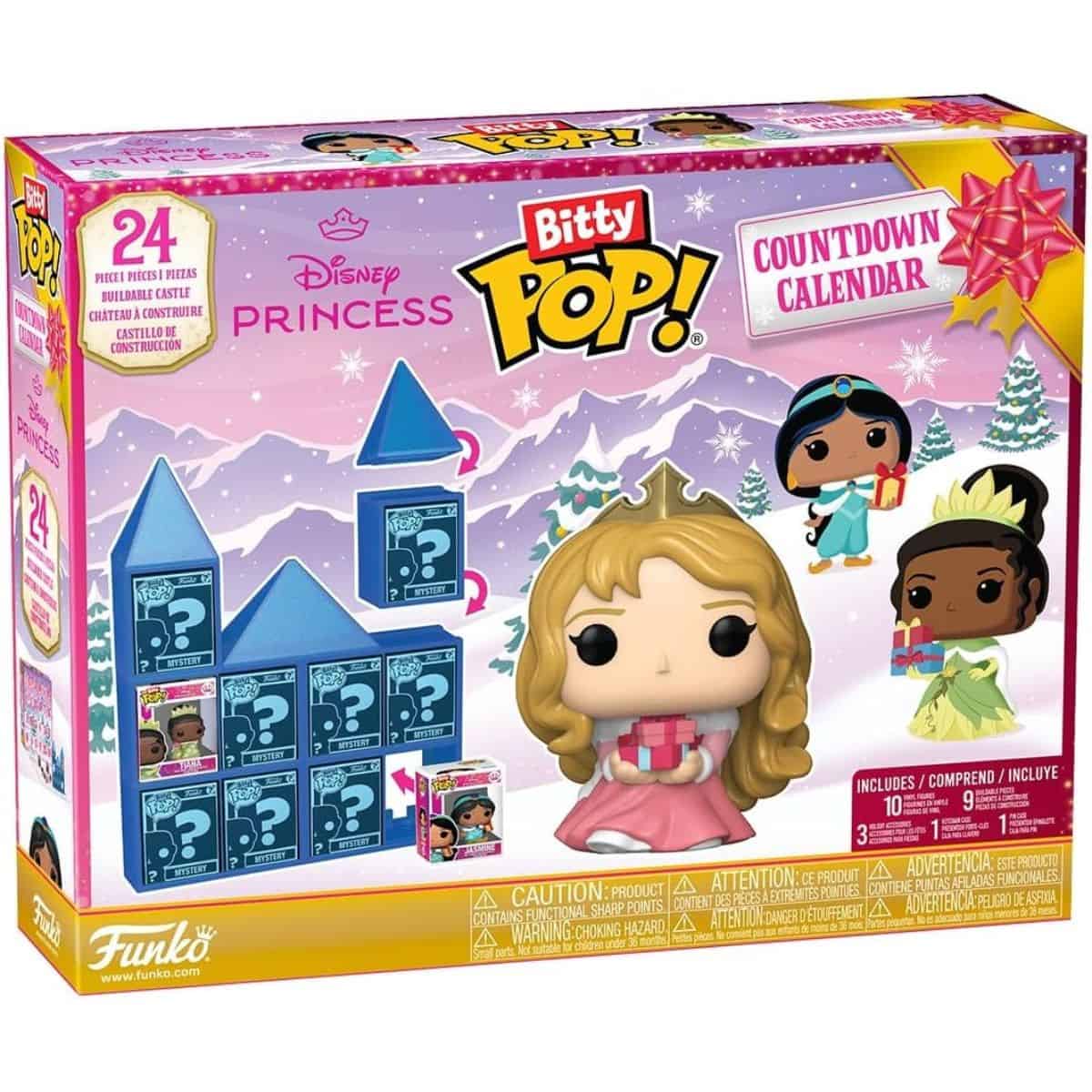 Disney Princess Bitty Pop! Advent Calendar with 24 mini Funko figures, featuring princess collectibles like Aurora, Jasmine, and Tiana in a buildable castle display.
