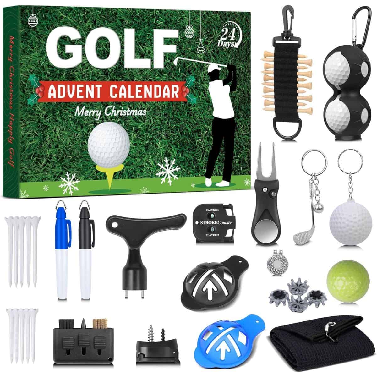 Golf Advent Calendar with 24 golf-themed gifts including tees, balls, stroke counter, divot tool, keychains, markers, and accessories for golfers.