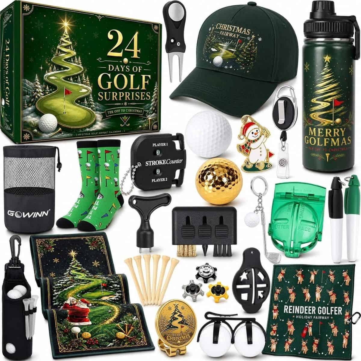 Golf-themed Christmas gift set with golf balls, cap, water bottle, and accessories.