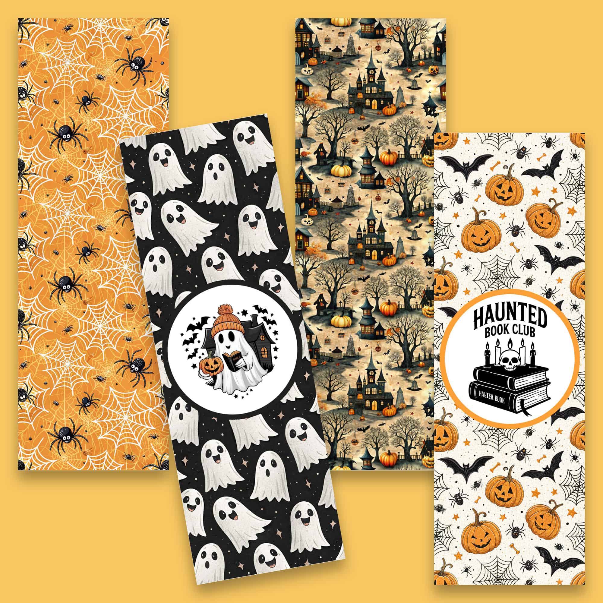 Set of four Halloween bookmarks featuring ghosts, pumpkins, haunted houses, spider webs, bats, and spooky book club designs on orange and black backgrounds.