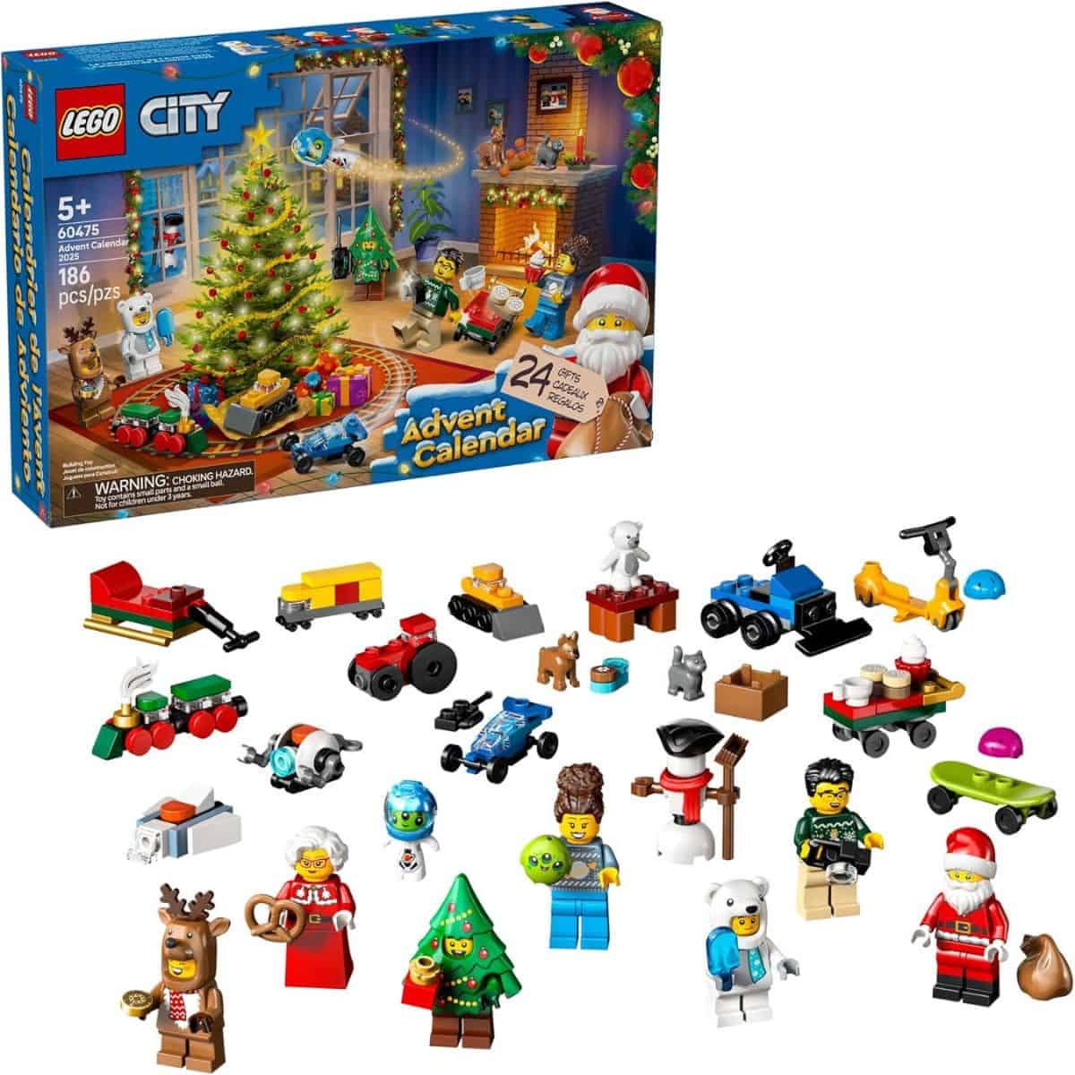 LEGO City Advent Calendar with 24 mini builds and figures including Santa, Mrs. Claus, reindeer, Christmas tree, vehicles, and holiday-themed accessories.