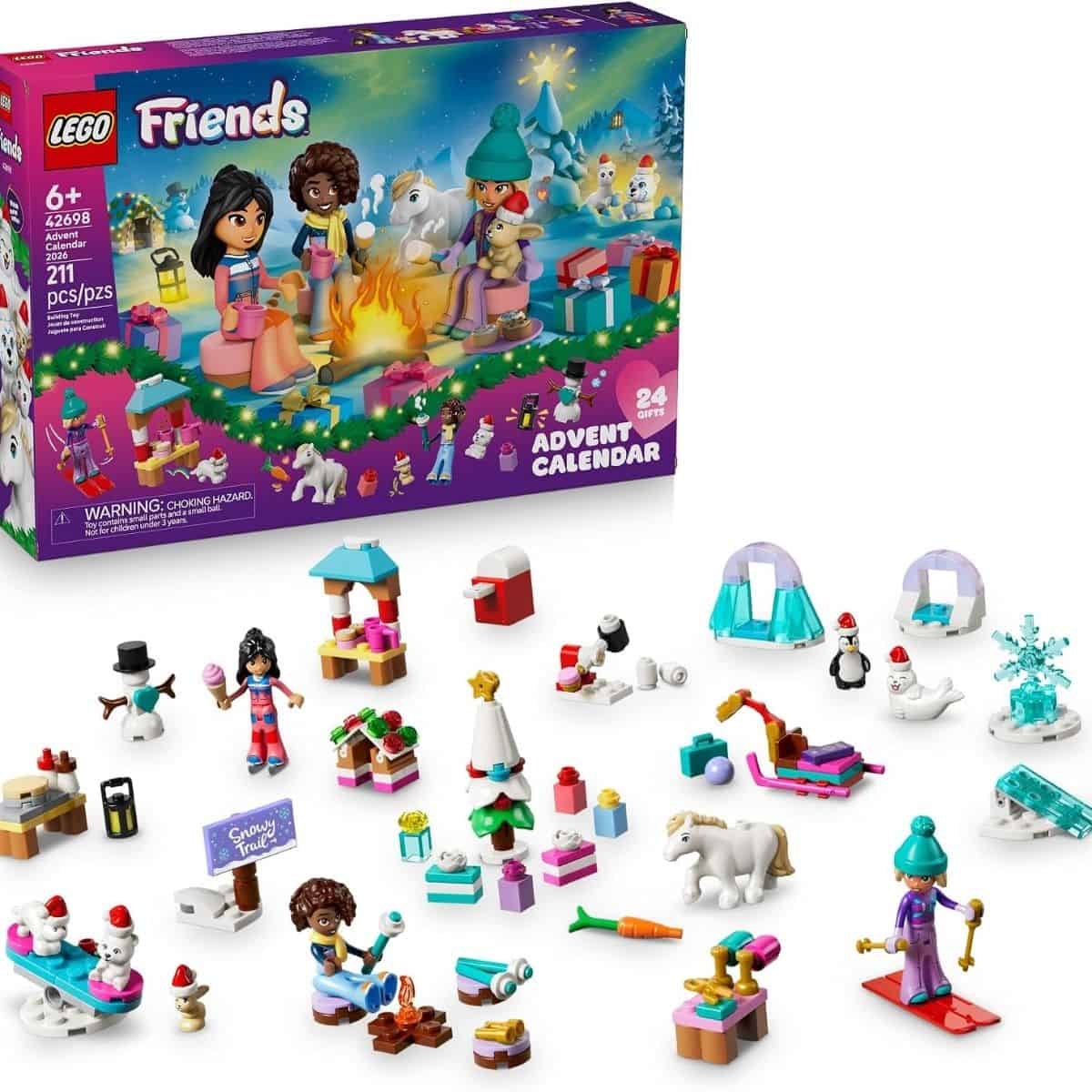 LEGO Friends Advent Calendar with 24 gifts, featuring mini-dolls, pets, and festive holiday builds like a Christmas tree, fireplace, and accessories.