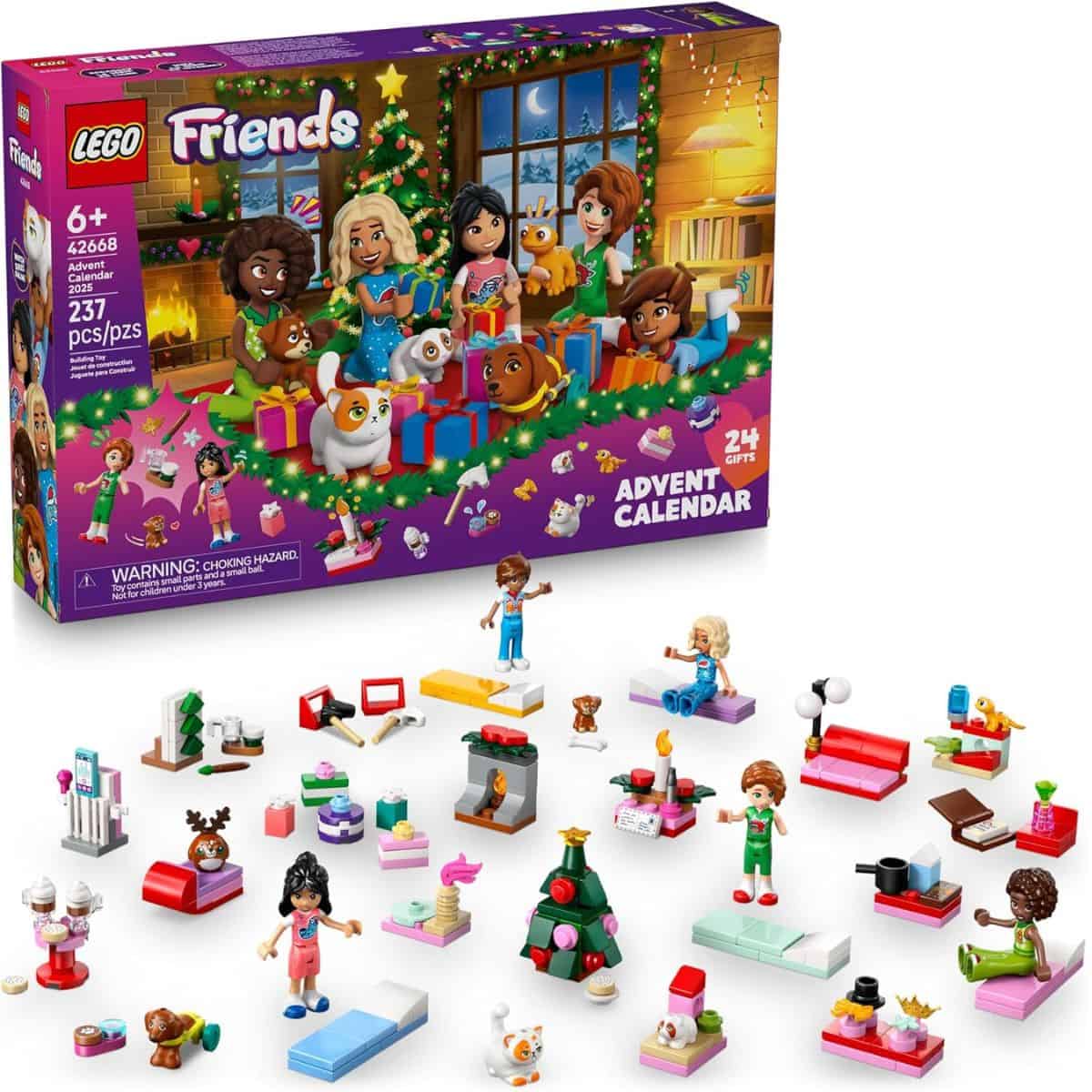 LEGO Friends Advent Calendar with 24 gifts, featuring mini-dolls, pets, and festive holiday builds like a Christmas tree, fireplace, and accessories.